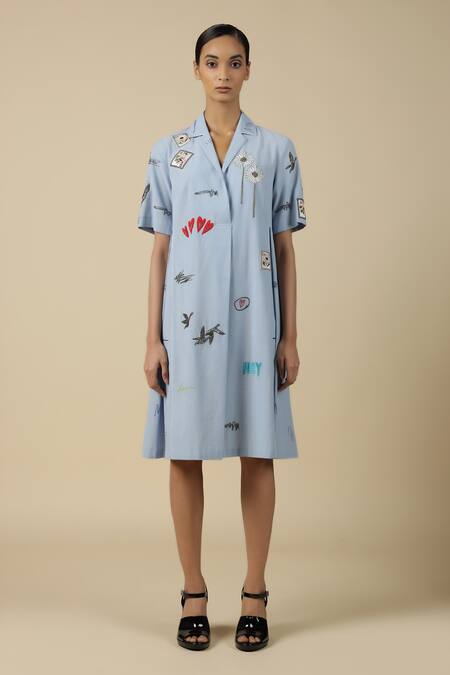Shahin Mannan_Blue Cotton Embroidery Collared Funky Pattern Panelled Dress _Online_at_Aza_Fashions