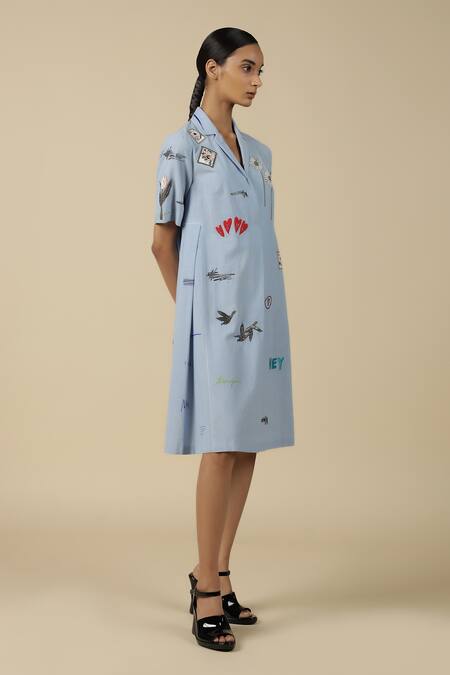 Buy_Shahin Mannan_Blue Cotton Embroidery Collared Funky Pattern Panelled Dress _Online_at_Aza_Fashions