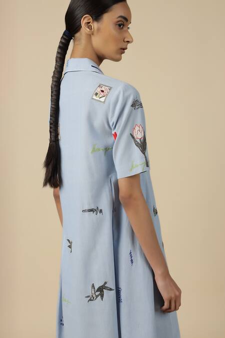 Shop_Shahin Mannan_Blue Cotton Embroidery Collared Funky Pattern Panelled Dress _Online_at_Aza_Fashions