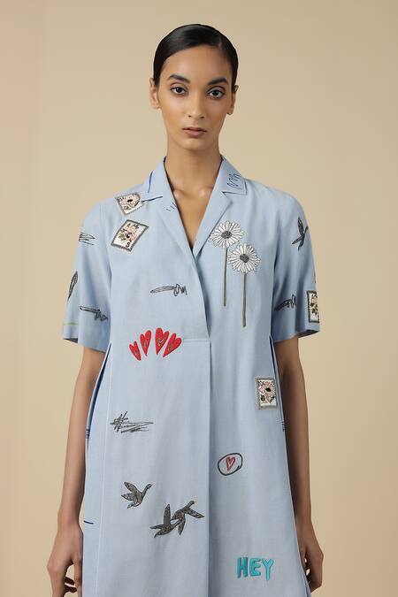 Shahin Mannan_Blue Cotton Embroidery Collared Funky Pattern Panelled Dress _at_Aza_Fashions