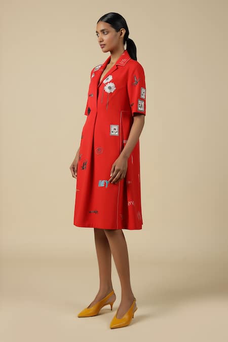 Shahin Mannan_Red Crepe Embroidery Collared Funky Pattern Dress _Online_at_Aza_Fashions