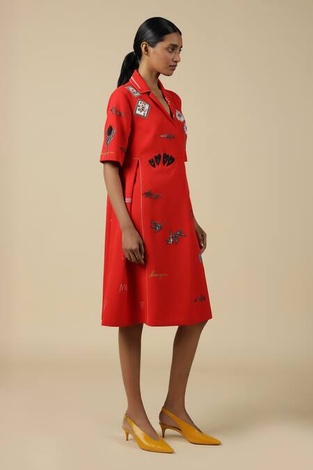 Buy_Shahin Mannan_Red Crepe Embroidery Collared Funky Pattern Dress _Online_at_Aza_Fashions