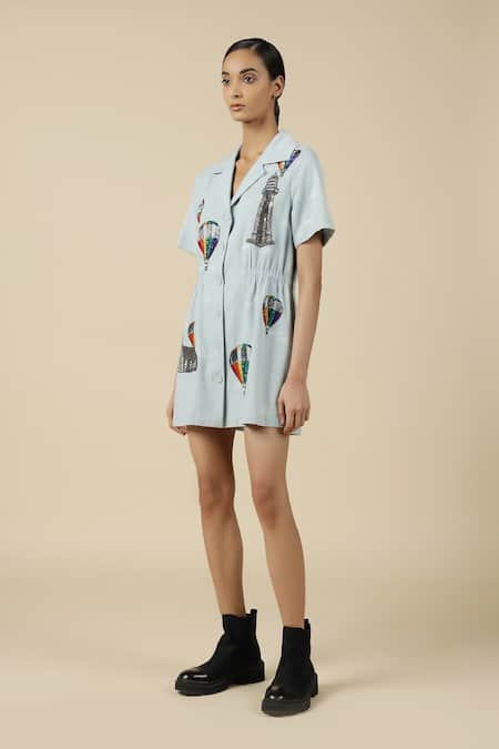 Buy_Shahin Mannan_Blue Denim Embroidery Collared Colorful Air Balloons Summer Coat Dress _Online_at_Aza_Fashions