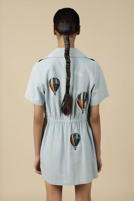 Shahin Mannan_Blue Denim Embroidery Collared Colorful Air Balloons Summer Coat Dress _at_Aza_Fashions