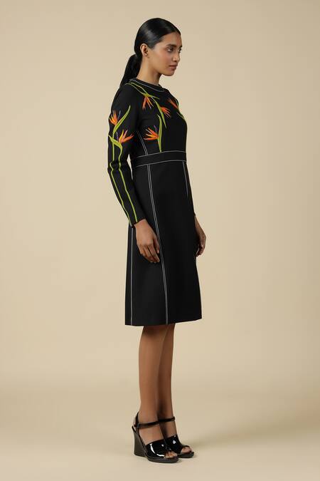 Shahin Mannan_Black Jersey Embroidery Round Neck Bird Of Paradise Front Slit Open Dress _Online_at_Aza_Fashions
