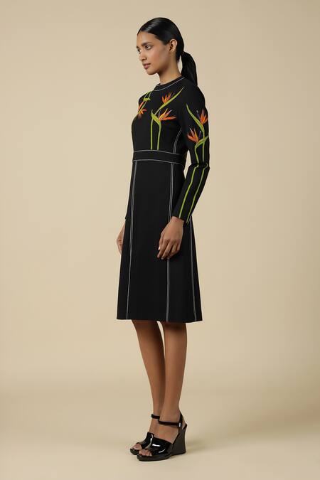 Buy_Shahin Mannan_Black Jersey Embroidery Round Neck Bird Of Paradise Front Slit Open Dress _Online_at_Aza_Fashions