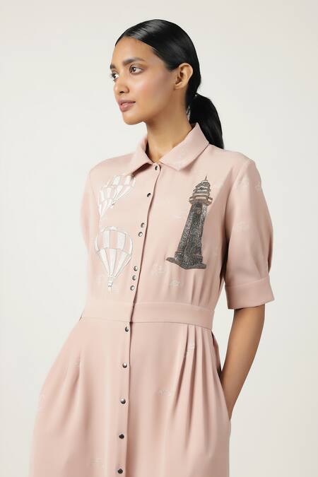 Shahin Mannan_Brown Crepe Embroidery Shawl Neck Side Pleated Shirt Dress _Online_at_Aza_Fashions