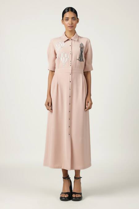 Shahin Mannan_Brown Crepe Embroidery Shawl Neck Side Pleated Shirt Dress _at_Aza_Fashions