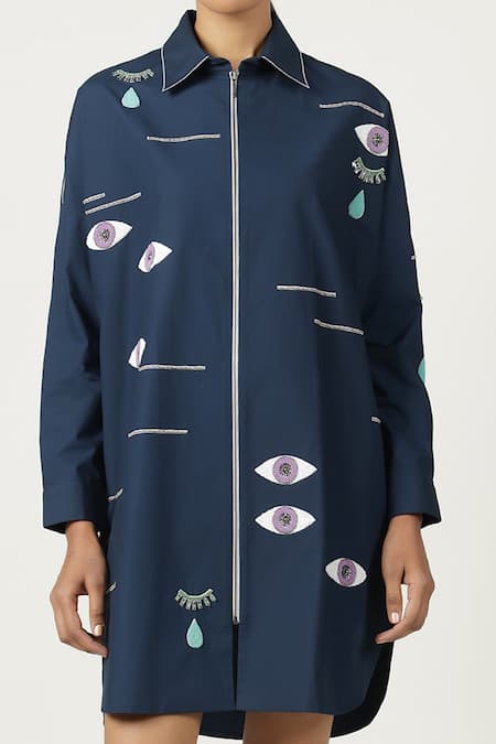 Shahin Mannan_Blue Poplin Embroidery Shawl Neck Facial Expressions Overshirt _Online_at_Aza_Fashions