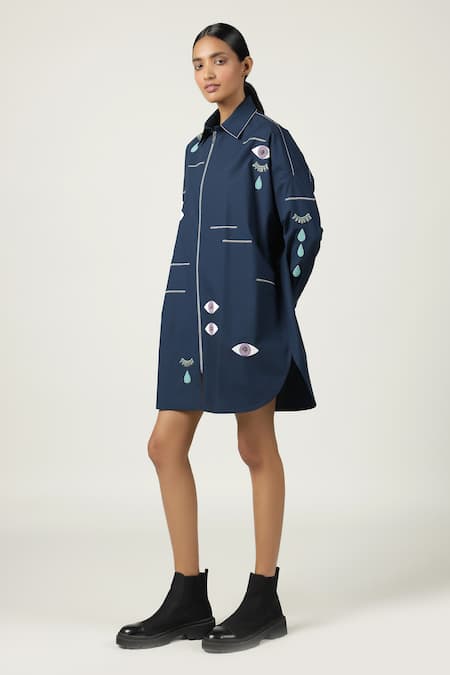 Buy_Shahin Mannan_Blue Poplin Embroidery Shawl Neck Facial Expressions Overshirt _Online_at_Aza_Fashions