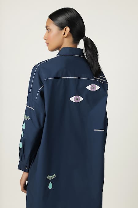 Shahin Mannan_Blue Poplin Embroidery Shawl Neck Facial Expressions Overshirt _at_Aza_Fashions