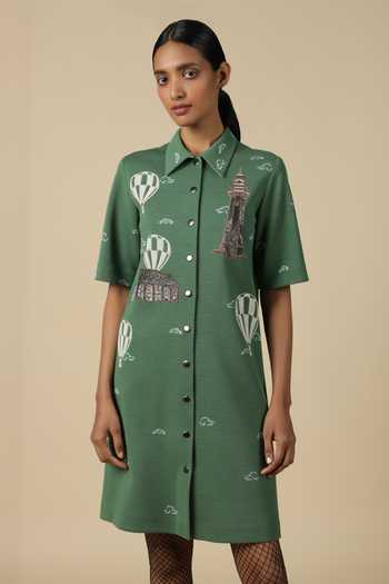 Shahin Mannan_Green Jersey Embroidery Collared Shift Dress _Online_at_Aza_Fashions