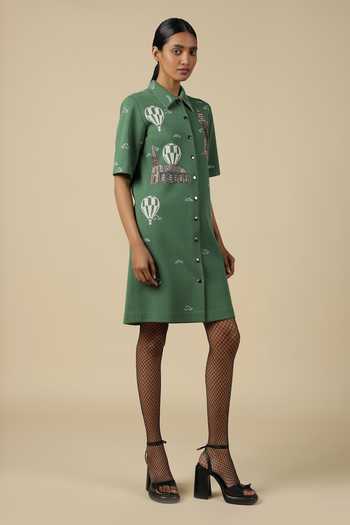 Buy_Shahin Mannan_Green Jersey Embroidery Collared Shift Dress _Online_at_Aza_Fashions