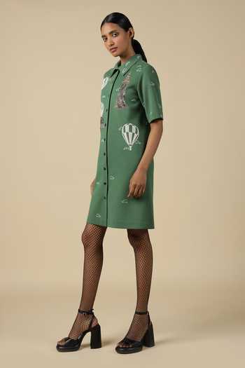 Shop_Shahin Mannan_Green Jersey Embroidery Collared Shift Dress _Online_at_Aza_Fashions