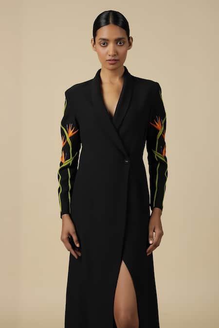 Shahin Mannan_Black Polyester Embroidery Shawl Neck Bird Of Paradise Full Sleeve Dress _Online_at_Aza_Fashions