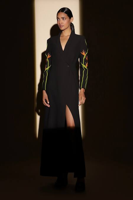 Buy_Shahin Mannan_Black Polyester Embroidery Shawl Neck Bird Of Paradise Full Sleeve Dress _Online_at_Aza_Fashions