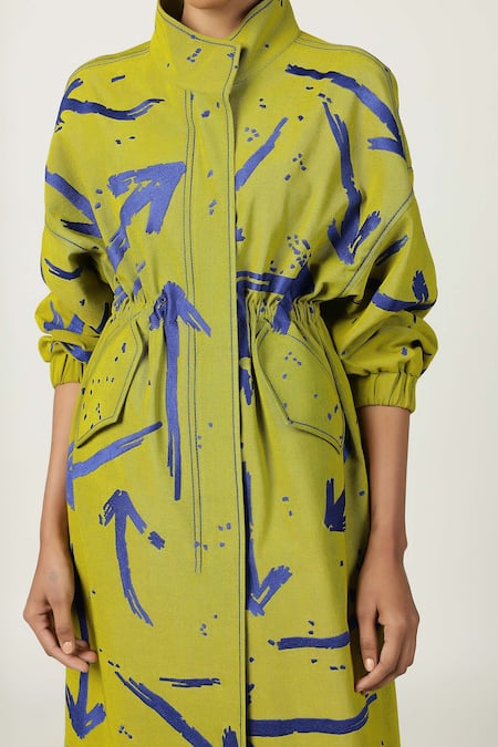 Buy_Shahin Mannan_Green Denim Embroidery High Neck Arrow Parka Dress _Online_at_Aza_Fashions