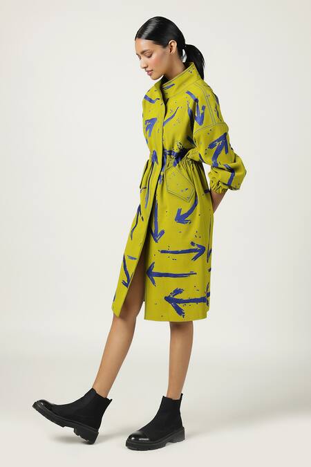Shop_Shahin Mannan_Green Denim Embroidery High Neck Arrow Parka Dress _Online_at_Aza_Fashions