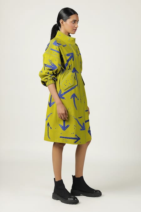 Shahin Mannan_Green Denim Embroidery High Neck Arrow Parka Dress _at_Aza_Fashions