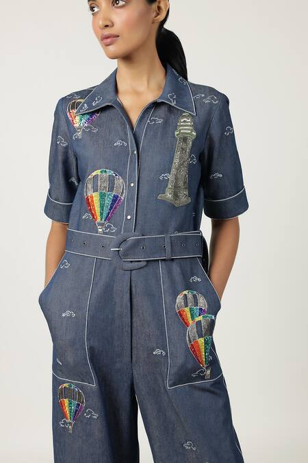 Shahin Mannan_Blue Denim Embroidery, Buckles Colourful Air Balloons Jumpsuit With Belt _Online_at_Aza_Fashions