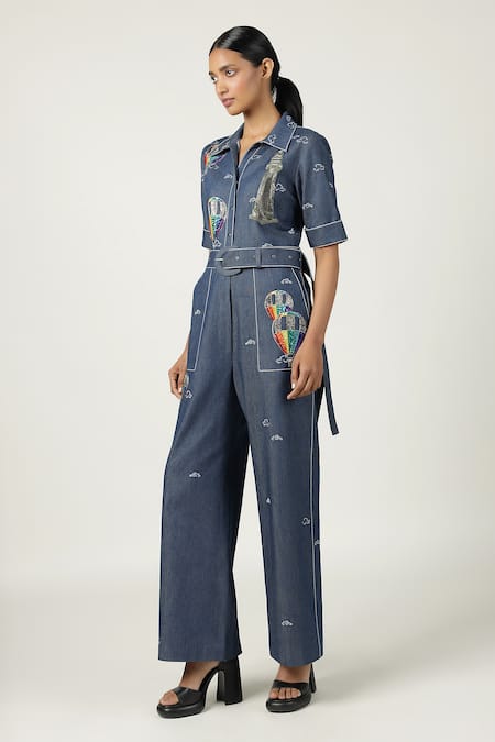 Buy_Shahin Mannan_Blue Denim Embroidery, Buckles Colourful Air Balloons Jumpsuit With Belt _Online_at_Aza_Fashions