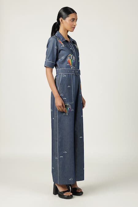 Shop_Shahin Mannan_Blue Denim Embroidery, Buckles Colourful Air Balloons Jumpsuit With Belt _Online_at_Aza_Fashions