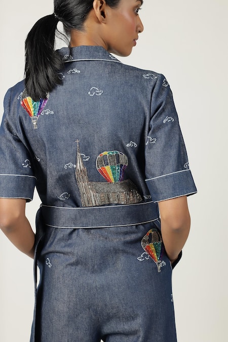 Shahin Mannan_Blue Denim Embroidery, Buckles Colourful Air Balloons Jumpsuit With Belt _at_Aza_Fashions