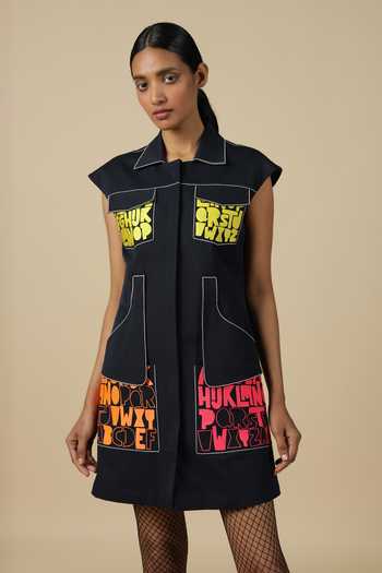Shahin Mannan_Blue Gabardine Embroidery Split V-neck A To Z Pocket Dress _Online_at_Aza_Fashions