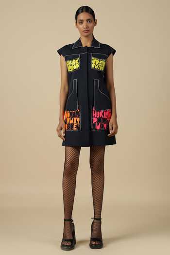 Buy_Shahin Mannan_Blue Gabardine Embroidery Split V-neck A To Z Pocket Dress _Online_at_Aza_Fashions
