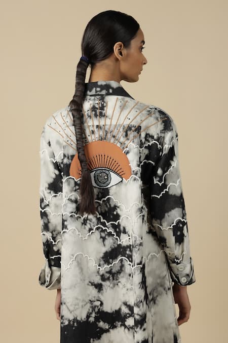 Shahin Mannan_Grey Denim Embroidery Collared Clouds And Eye Front Pleat Dress _Online_at_Aza_Fashions