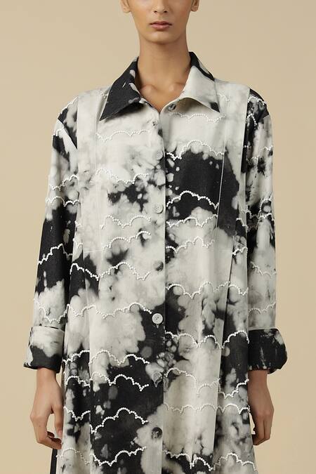 Buy_Shahin Mannan_Grey Denim Embroidery Collared Clouds And Eye Front Pleat Dress _Online_at_Aza_Fashions