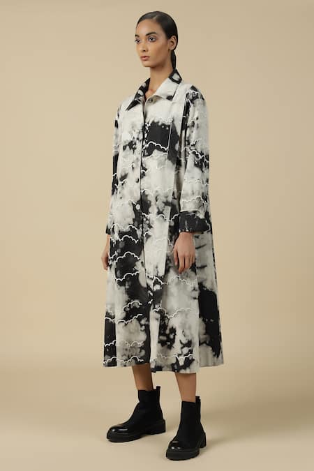 Shop_Shahin Mannan_Grey Denim Embroidery Collared Clouds And Eye Front Pleat Dress _Online_at_Aza_Fashions