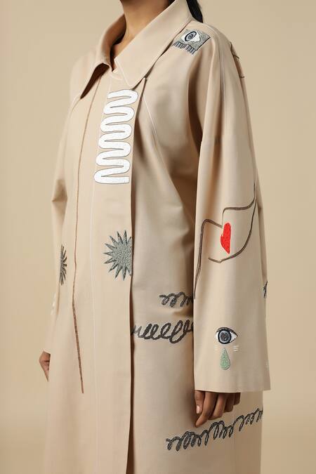 Shahin Mannan_Beige Poplin Embroidery Split V-neck Abstract Shapes Oversized Jacket Dress _Online_at_Aza_Fashions