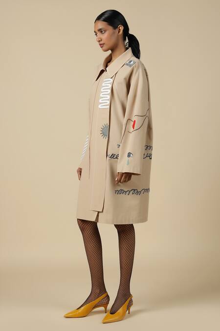 Shop_Shahin Mannan_Beige Poplin Embroidery Split V-neck Abstract Shapes Oversized Jacket Dress _Online_at_Aza_Fashions