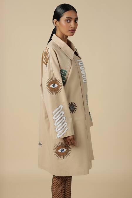 Shahin Mannan_Beige Poplin Embroidery Split V-neck Abstract Shapes Oversized Jacket Dress _at_Aza_Fashions