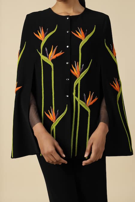 Shahin Mannan_Black Japanese Crepe Embroidered Bird Of Paradise Round Cape _Online_at_Aza_Fashions