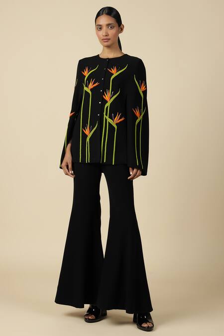 Buy_Shahin Mannan_Black Japanese Crepe Embroidered Bird Of Paradise Round Cape _Online_at_Aza_Fashions