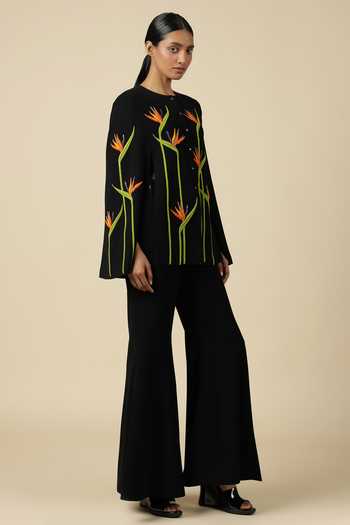 Shop_Shahin Mannan_Black Crepe Bird Of Paradise Cape With Flared Pant _Online_at_Aza_Fashions