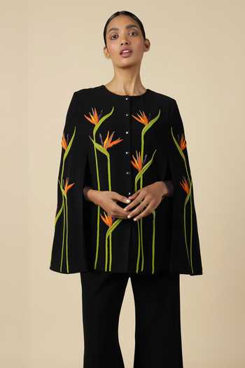Shahin Mannan_Black Crepe Bird Of Paradise Cape With Flared Pant _at_Aza_Fashions