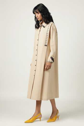 Shahin Mannan_Beige Poplin Embroidery Shawl Neck Measuring Tape Front Pleated Dress _Online_at_Aza_Fashions