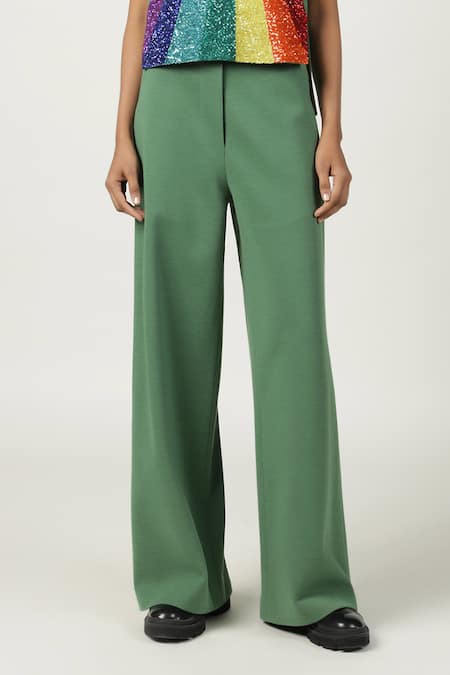 Shahin Mannan_Green Jersey Solid Flared Pant _Online_at_Aza_Fashions