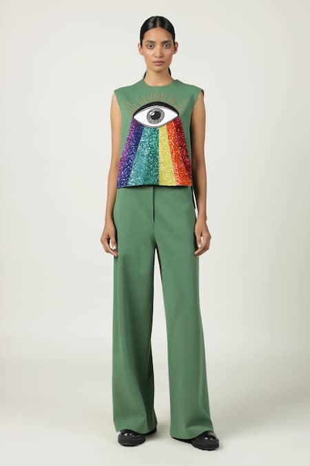 Shahin Mannan_Green Jersey Embroidered Eye Rainbow Round Top  _Online_at_Aza_Fashions