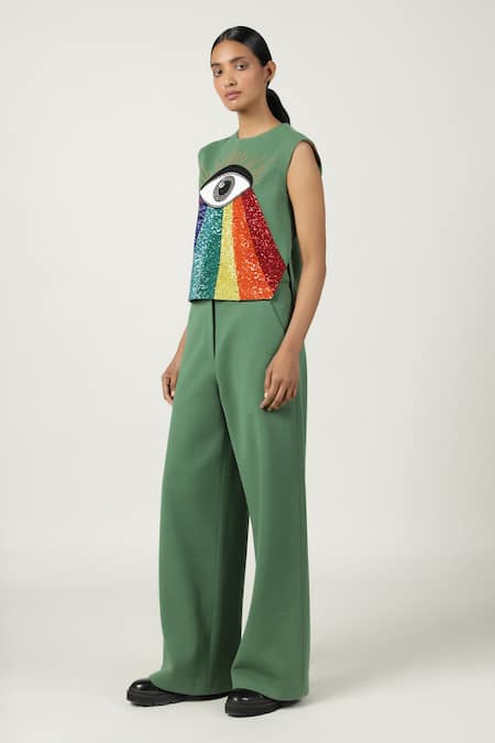 Buy_Shahin Mannan_Green Jersey Sequins Round Neck Eye Rainbow Embroidered Top And Flared Pant _Online_at_Aza_Fashions