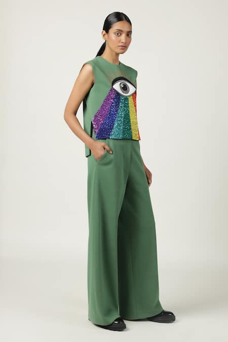 Shop_Shahin Mannan_Green Jersey Sequins Round Neck Eye Rainbow Embroidered Top And Flared Pant _Online_at_Aza_Fashions