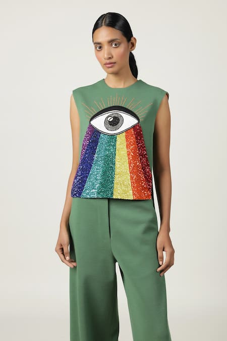 Shahin Mannan_Green Jersey Sequins Round Neck Eye Rainbow Embroidered Top And Flared Pant _at_Aza_Fashions