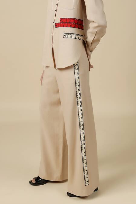 Shahin Mannan_Beige Linen Embroidery Measuring Tape Flared Pant _Online_at_Aza_Fashions