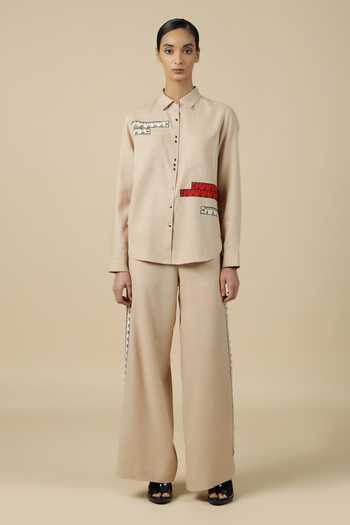Buy_Shahin Mannan_Beige Linen Embroidery Shawl Neck Measuring Tape High Low Shirt With Pant _Online_at_Aza_Fashions