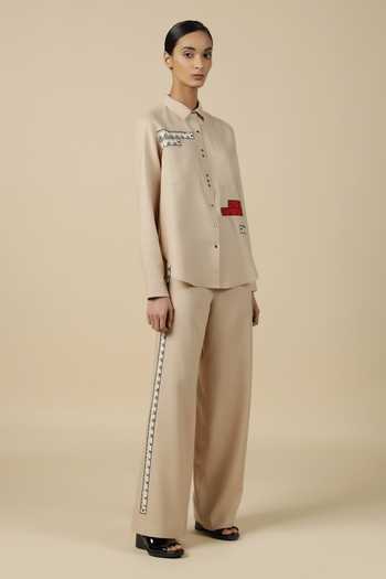 Shop_Shahin Mannan_Beige Linen Embroidery Shawl Neck Measuring Tape High Low Shirt With Pant _Online_at_Aza_Fashions