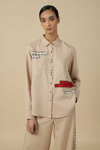 Shahin Mannan_Beige Linen Embroidery Shawl Neck Measuring Tape High Low Shirt With Pant _at_Aza_Fashions