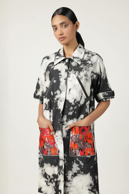 Shahin Mannan_Grey Denim Embroidery Collared A To Z Pocket Raglan Sleeve Dress _Online_at_Aza_Fashions